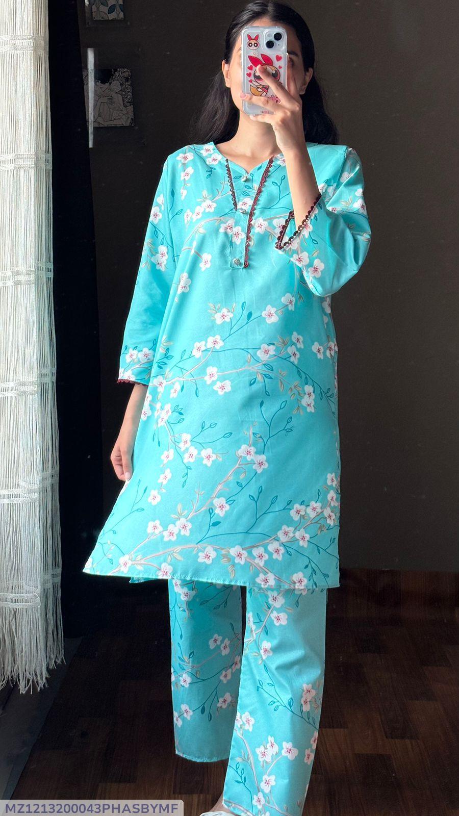 2 Pcs Women's Stitched Cotton Printed Shirt And Trouser