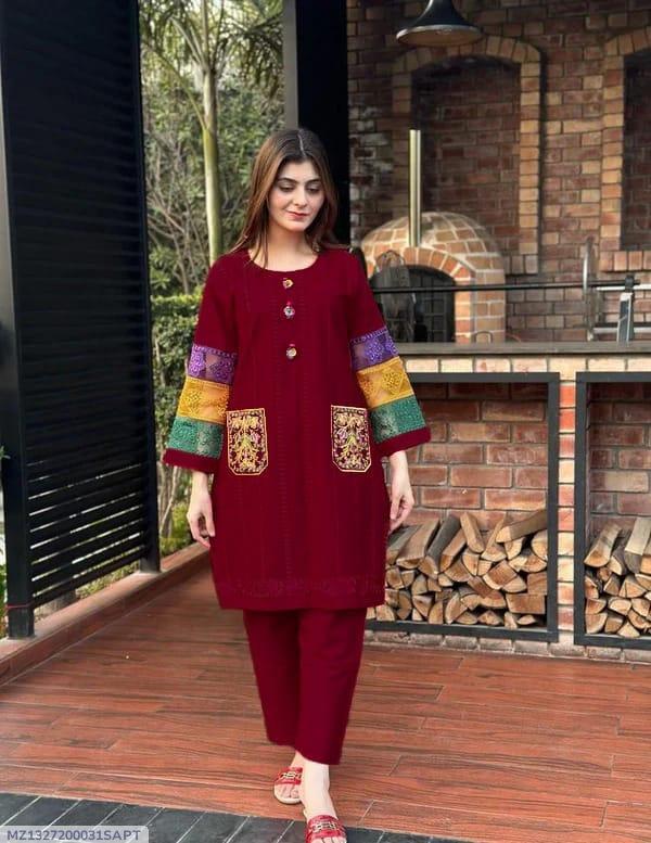 2 Pcs Women's Stitched Cotton Embroidered Shirt And Trouser