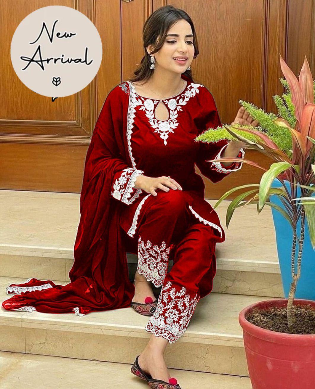 3 Pcs Women's Stitched Cotton Embroidered Suit